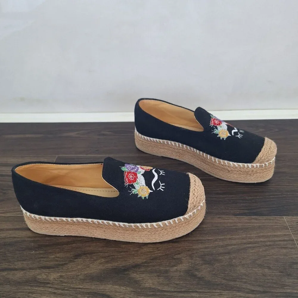 💙 Carlo Cambuston Natural Materials Slip Espadrilles Platform Embroidered Size